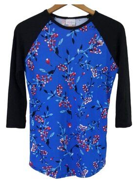 LuLaRoe Randy Top Blue Black Size XXS Floral Red Raglan Jersey Cherry Blossom